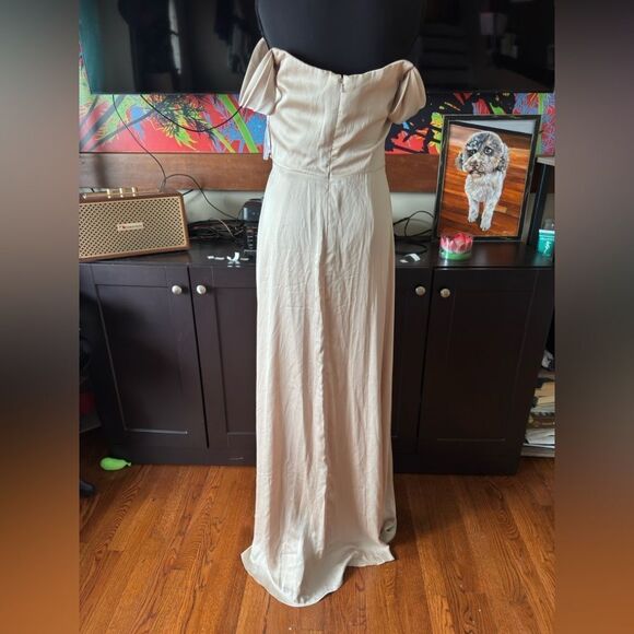 OFF-THE-SHOULDER FLOUNCE SLEEVE EMPIRE WAIST GOWN WITH FRONT SLIT IN CHAMPAGNE - Picture 7 of 16